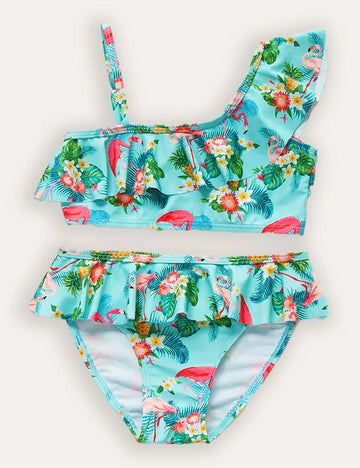 Flamingo Ruffled Split Swimsuit